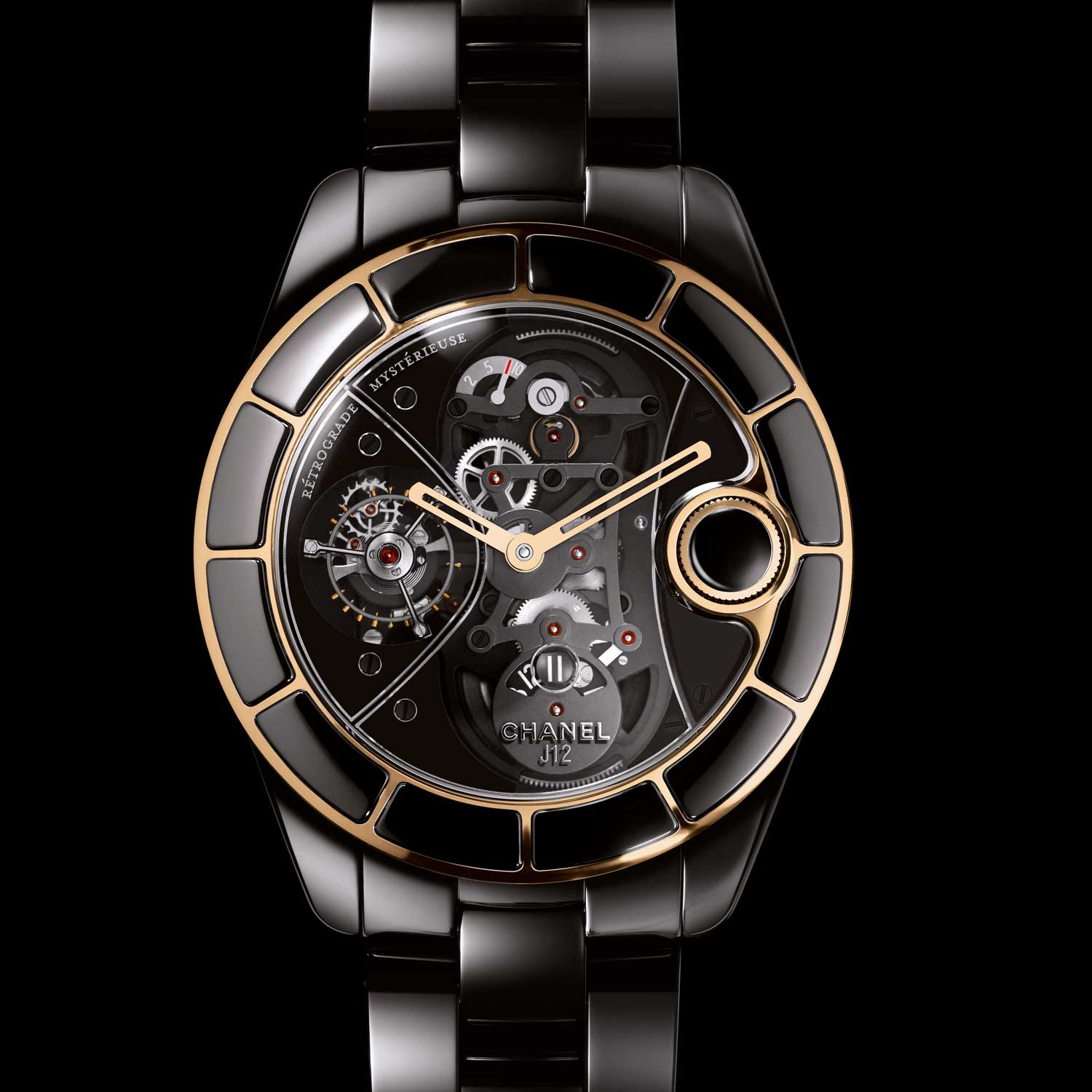 The J12 Rétrograde Mystérieuse Tourbillon (2010) with a retrograde minute hand, a 10-day power reserve and a frontally operated crown 